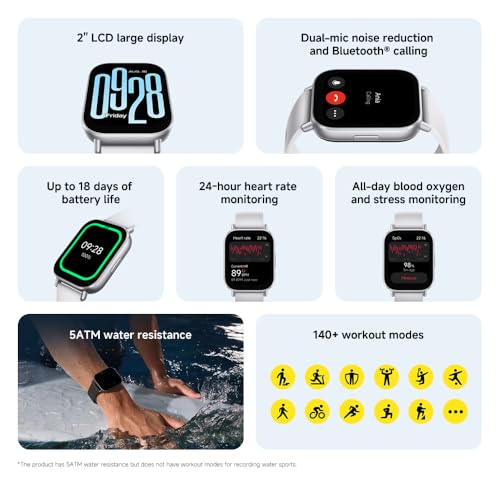 Xiaomi Redmi Watch 5 Active Midnight Black | Smartwatch | Écran LCD de 2", Longue durée de Vie, appels Bluetooth, réduction du Bruit, Suivi de santé, étanchéité 5 ATM, autonomie de la Batterie de 18