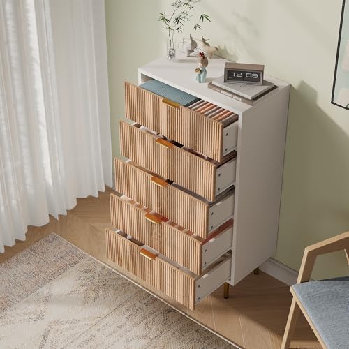 BRILVERDE Cómoda con 5 cajones, moderno armario de madera para dormitorio, aparador con cajones, armario de almacenamiento (blanco, 60 x 34 x 110 cm)