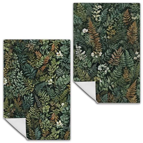Exqcom Dark Green Botanical Kitchen Towels, Rustic Plants Hand Towels for Bathroom Kitchen, Cottagecore Herb Fern Leaves and Flower Decorative Dish Towels Drying Cloth, 16x24 Inch Set of 2