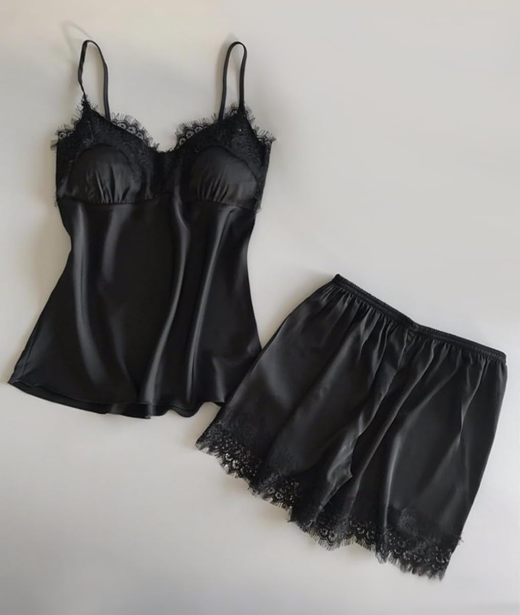 Conjunto de pijama de encaje sexy de lencería para mujer, sujetador superior tipo camisola y ropa de dormir corta para salón