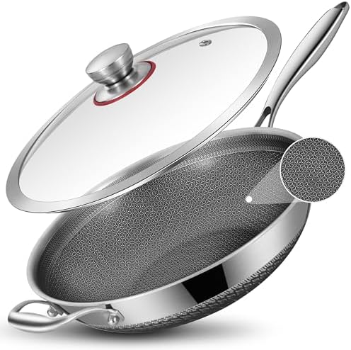 LOLYKITCH 13-inch Nonstick Wok & Stir-fry Pan with Lid, Induction Compatible, Tri-ply Stainless Steel Ceramic Coating Cookware, Perfect for Stir-frying, Sauté, and Simmering, Dishwasher and Oven Safe