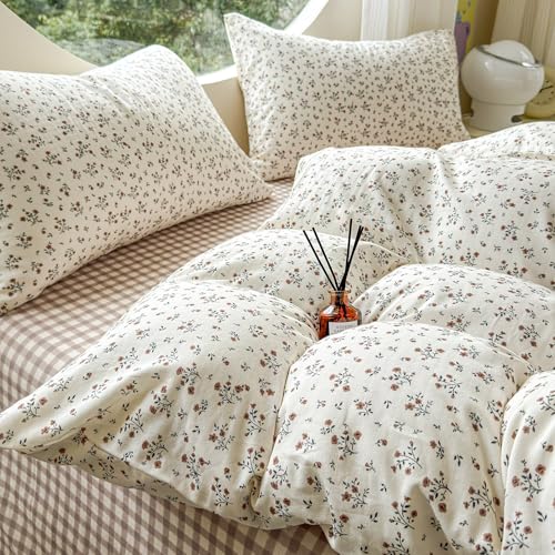 Image of VM VOUGEMARKET Soft Muslin Cotton Duvet Cover Set Queen Size Floral Duvet Cover with 2 Pillowcases Lightweight Breathable Bedding Comforter Cover for Teen Girls