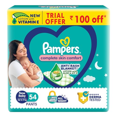 Pampers Complete Skin Comfort Pants, Anti-rash blanket, Lotion with Vitamin E & Aloe Vera, New Born/X-Small (NB/XS), 54 Count, Upto 5kg Pampers Complete Skin Comfort Pants, Anti-rash blanket, Lotion with Vitamin E & Aloe Vera, New Born/X-Small (NB/XS), 54 Count, Upto 5kg