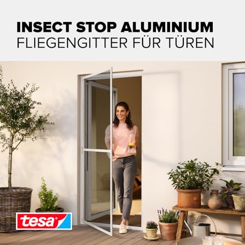 tesa INSECT STOP Aluminium Rahmen Fliegengitter für Türen - Insektengitter mit Aluminium-Rahmen & Clear View - Tür Insektenschutz - 100 cm x 220 cm, Weiß