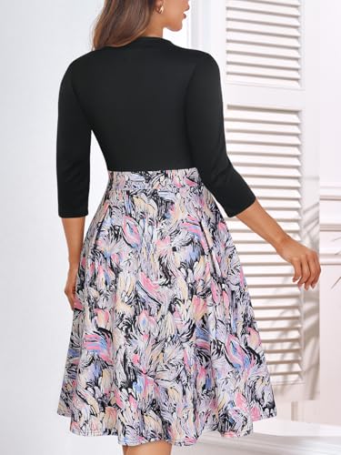 Image of YATHON Womens Elegant Print Notched Neck Slant Pocket Pleated Hem Casual A-Line Dress