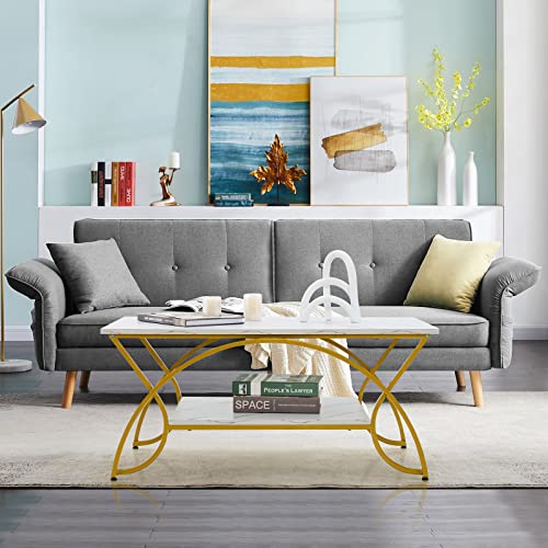 Costway Marble Coffee Table, 2-Tier Modern Faux Marble Accent Table With Storage And Gold Finished Metal Frame, Chic Rectangular End Table For Living Room Office Lounge #TOP7