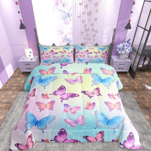 Image of Erosebridal Butterflies Full Size Comforter Sets for Kids Boys Girls,Blue Purple Butterfly Bedding Set,Elegant Wildlife Duvet Insert,Gradient Starry Quilt Bedroom Decor