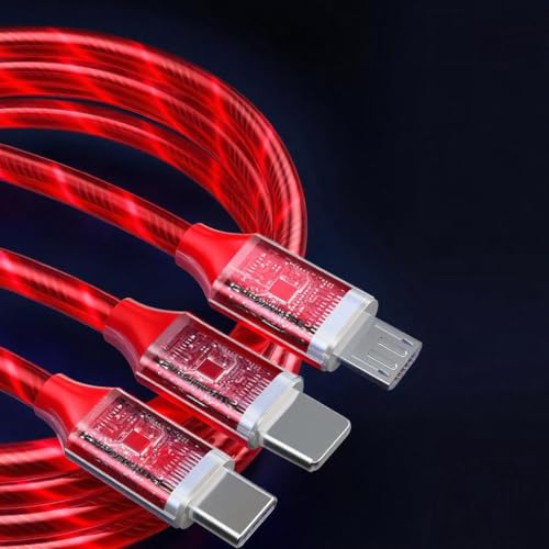 Image of AYI 6 in 1 USB LED Charging Cable, 39in Dynamic Flowing Light Cord, Flexible PVC Tangle-Free Wire, Smart Chip with Trickle Charge, Universal Data Sync Cable for Phones, Tablets, and More, Red.