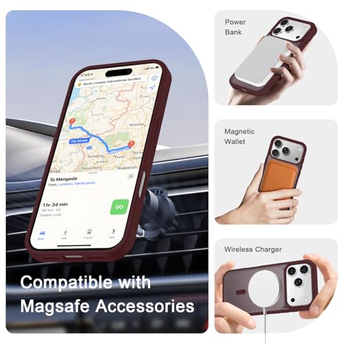 Image of YENAPOON for iPhone 17 Pro Max Case, Matte Magnetic Phone Cover [with 1 Screen Protector] [Support for MagSafe] [Shockproof Military Grade Protection] Translucent Frosted Back, Wine Red