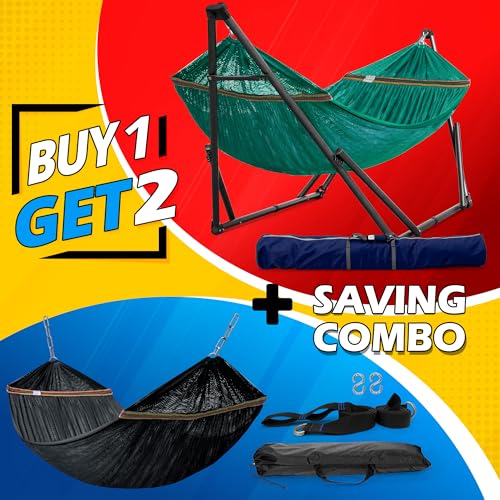 Image of Tranquillo Combo x2 Hammocks with Stand for Outside & Tree Straps, Heavy Duty Hammock with Stand 600lbs for Indoor Outdoor Patio Backyard, x2 Hammocks for 2 Person (Combo - Peacock, Medium)