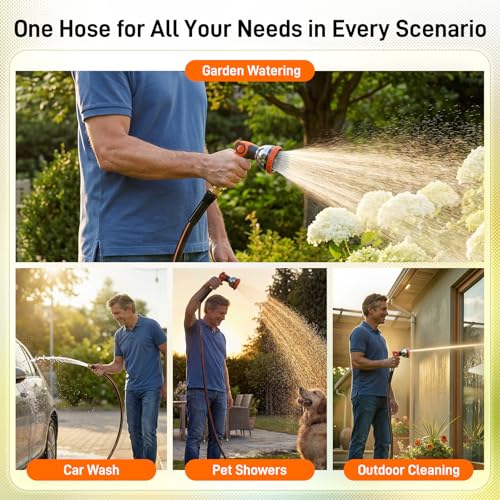Garden Hose 100ft 5/8 Inch Heavy Duty All-Weather Flexible with Anti-Kink Swivel Connectors 550 PSI Leakproof Brass Fittings and 10-Mode Spray Nozzle by GOCHIFIX - Used condition - Image 9