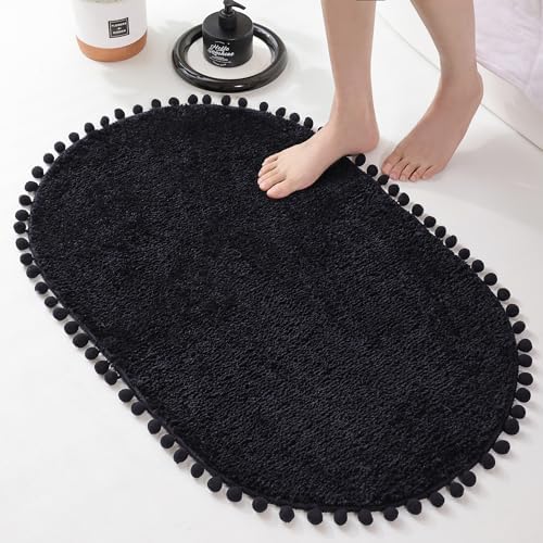 Amazon.com: YIRDDEO Bath Mat Black Rug with Pom Oval Bathroom Rugs for ...