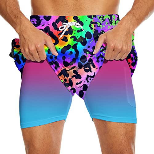 Neon Mens Swim Trunks with Compression Liner Leopard Swim Trunks Men Board Shorts Men's Swimsuit 7 Inch Inseam2
