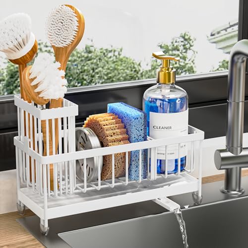 Image of Cisily Sponge Holder for Kitchen Sink, Sink Caddy Organizer with High Brush Holder, Kitchen Countertop Organizers and Storage Essentials, Rustproof 304 Stainless Steel (Cool White, Large)