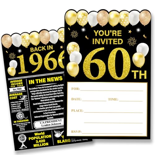 Nurawo 60th Birthday Party Invitations for Women Men, 60 Year Old Birthday Invitations, Back in 1966 Invites, 20 Fill-in-the-Blank Party Invites with Envelopes