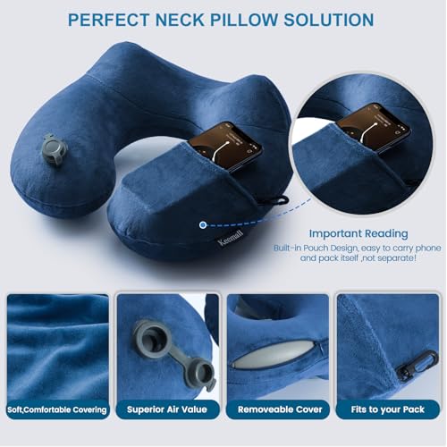 Image of Keemall Inflatable Travel Pillow - Soft Velvet U-Shape Inflatable Neck Pillow for Airplane /Bus /Car, Lightweight Comfortable Support for Long Journeys, Relieves Neck Pain, Navy Blue