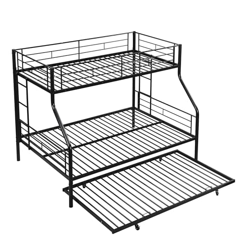 Zyerch Twin Over Full Bunk Bed with Trundle, Sturdy Metal Frame Beds, Twin Over with 2 Ladders Safety Full Length Guardrail-Side Bunkbeds with Trundle Noise Free Easy to Assemble for Adults, Black