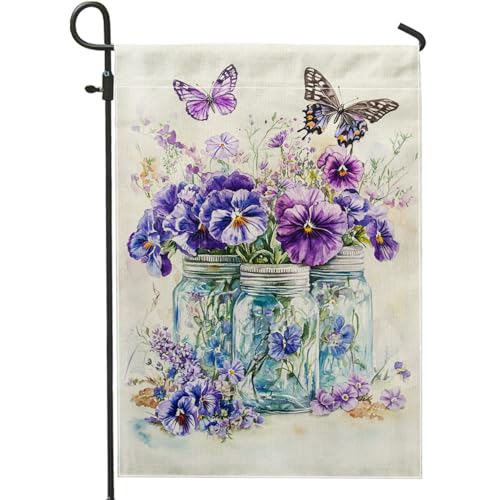 Bandera de jardín de pensamientos violetas de primavera y verano, mariposas florales, decoración del hogar, pancarta de césped, bandera de doble cara para patio, decoración al aire libre, 12 x 18