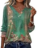 RAPBIN BLUSE DAMEN 3/4 ARM V-AUSSCHNITT BLUMEN FALTEN BLUSE OBERTEILE TUNIKA TOPS LOCKER LONGSHIRT LÄSSIGE RETRO T-SHIRT BLUMEN-GRÜN L