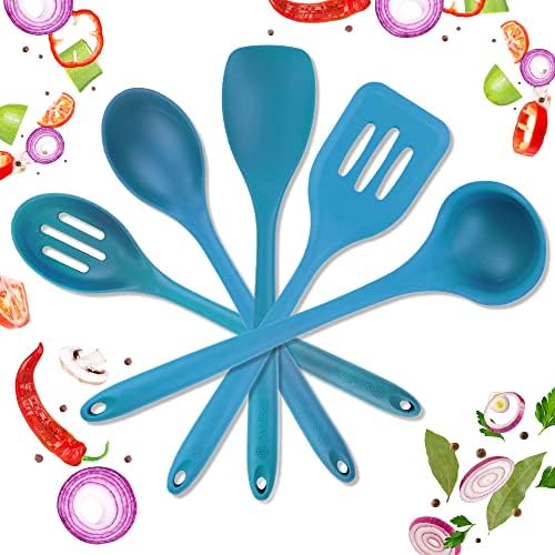 StarPack Basic Silicone Cooking Utensils Set - Five 10.5" Pieces - Kitchen Utensil Set Heat Resistance to 480°F - Hygienic One-Piece Design Silicone Utensil Set for Mixing & Cooking (Teal Blue)