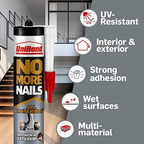 UniBond 2492850 No More Nails All Materials Interior & Exterior Construction Adhesive, All Materials Grab Adhesive, High Strength Adhesive Bonding, White, 390 g Cartridge