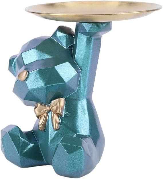 Geometric Bear Statue Key Bowl for Entryway Table, Geometric Cute Bear Candy Dish Decorative Ornament with Storage Tray Modern Art Nordic Statues Decor for Room Bar Entrance Office