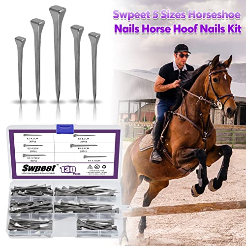 Swpeet 130Pcs 5 Sizes E2 E3 E4 E5 E6 Steel Horseshoe Nails Assortment Kit, 1.6" 1.7" 1.8" 2" 2.1" Horse Hoof Nails Horseshoe Tools Fix Horse Nail Palm For Horse Race Horse Horse Training #TOP6