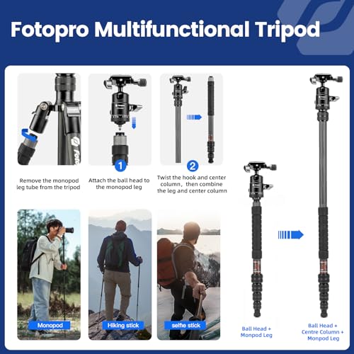 Image of Fotopro 62 inch Carbon Fiber Travel Tripod, Lightweight Compact Camera Tripod with Ball Head and Arca-Swiss Quick Release Plate, Detachable Monopod, Carry Bag, Load up to 8KG /17.63lbs, Weighs only 2lbs.