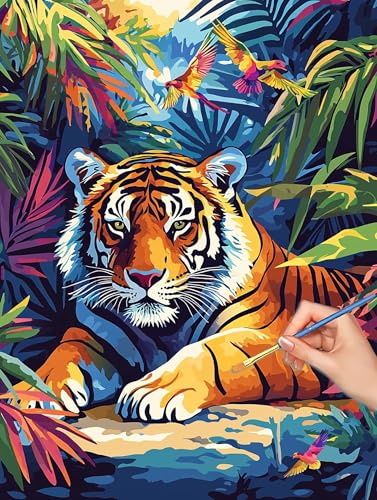 Animals Paint by Numbers for Adults, DIY Paint by Numbers Tiger, Painting by Number for Adults Beginners, Canvas Kits with Brush