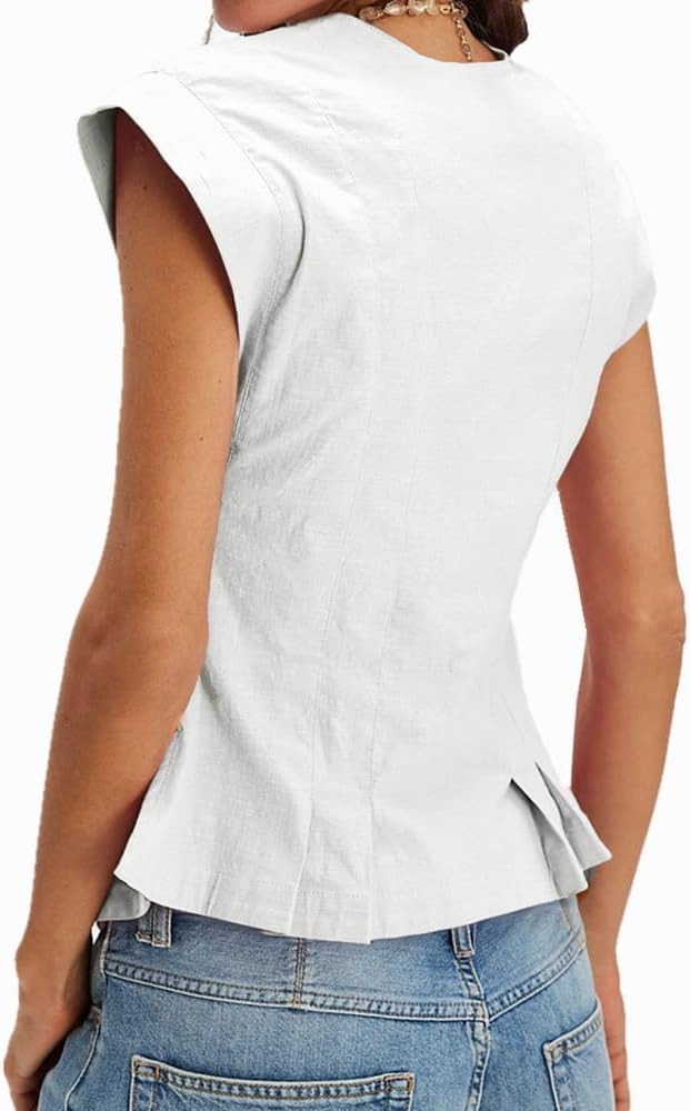 SurBepo Vest Tops for Women V-Neck Button Down Linen Blazer Cap Sleeve Fitted Waistcoat Work Casual Dressy Clothes - Image 2