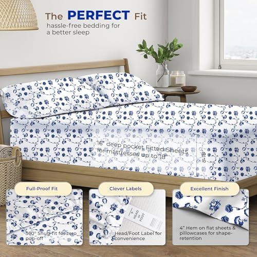 THREAD SPREAD 100% Egyptian Cotton Printed Bed Sheets - 600 Thread Count 4 PC Queen Sheet Set, Hotel Luxury Sateen Bedsheets, 16" Deep Pocket Soft Cooling Sheets for Queen Size Bed - Floral Blue - Thumbnail 4