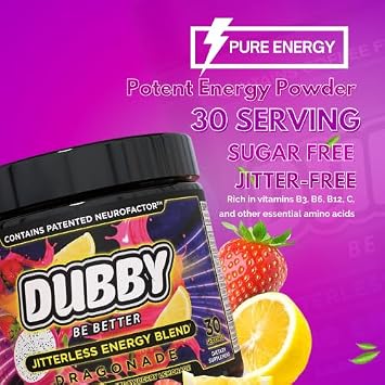 Dubby - Gamer Energy Drink Powder for Gaming - Sugar Free Energy Drinks, Nootropics Jitter-Free Natural Energy Powder, Dragon Fruit Pink Strawberry Lemonade Flavor, 30 Serving, 5.61 Ounces (Dragonade)