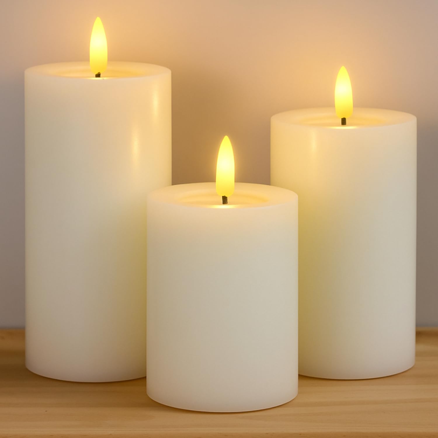 coku Set of 3 Ivory Flameless LED Pillar Candles, Realistic Flickering Flame Candle, Battery Operated Smokeless Safe Decorative Candle for Home, Bedroom, Wedding, Patio, Diwali, Christmas & Gifts-image-0