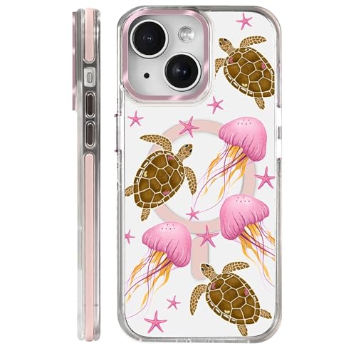 Coque iPhone 14 antichoc magnétique transparente tortue rose