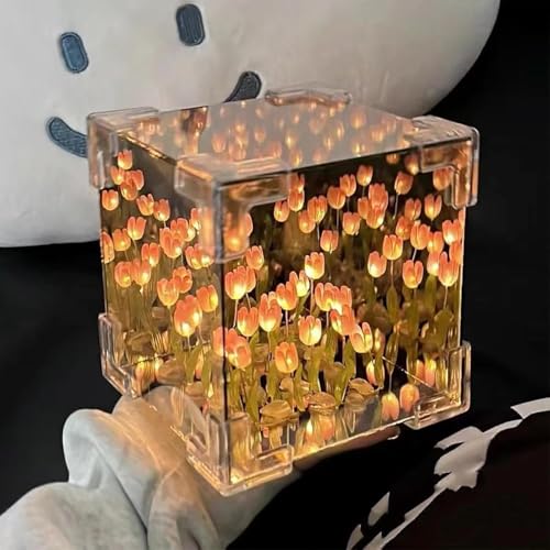 Image of sonello DIY - Do It Yourself - Tulip Cube Mirror Lamp, 30 Flowers LED Decorative Lamp, 2 in 1 Mirror & Table Ornaments for Bedroom Livingroom Desktop Decor Birthday Gift