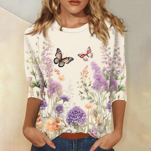 HTHLVMD Womens 3/4 Length Sleeve Tops 2025 Fall Fashion Floral Print Crewneck Causal Trendy Tunic Tops for Women