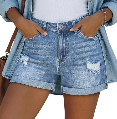 Image of onlypuff Women Denim Shorts Ripped Mid Waisted Jean Shorts with Pockets