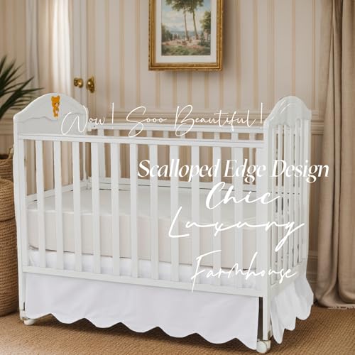 Image of Brandream Scallop Edge Cotton Crib Skirt Toddler Bedskirt Baby Nursery Crib Bed Skirt Boho BohemianNeutral Solid Color Cream Off White Farmhouse Chic Boho Bohemian Skirt