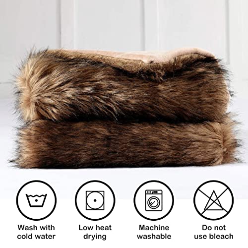 Luxury Plush Faux Fur Throw Blanket, Long Pile Brown with Black Tipped Blanket, Super Warm, Fuzzy, Elegant, Fluffy Decoration Blanket Scarf for Sofa, Armchair, Couch and Bed, 50''x 60'' - Image 5