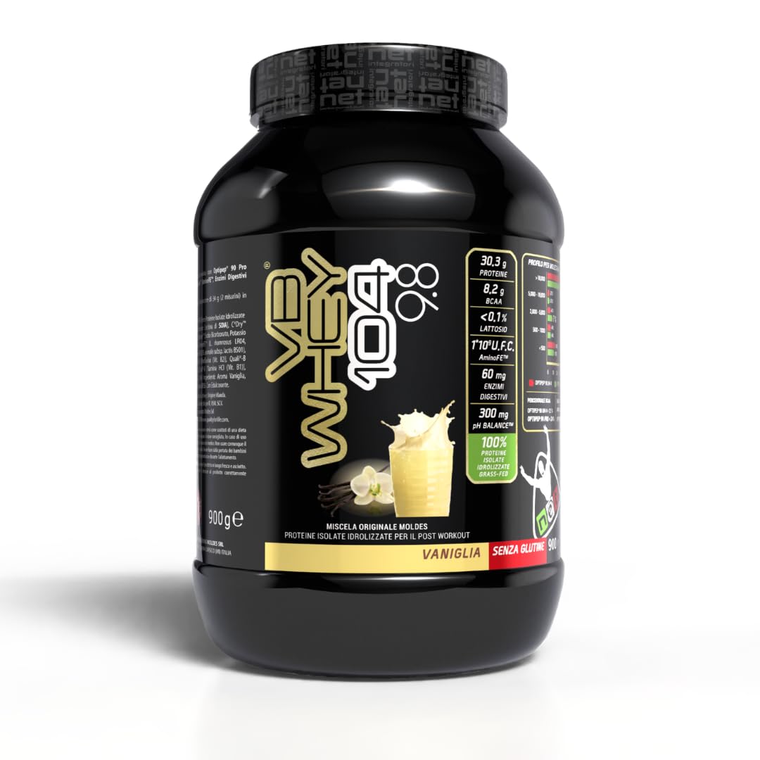 NET Integratori VB WHEY 104 9.8 Optipep - 900g Vaniglia - Proteine Isolate Idrolizzate per via Enzimatica Con EAA e BCAA - Massimizza Sintesi Proteica, Crescita e Mantenimento Muscolare