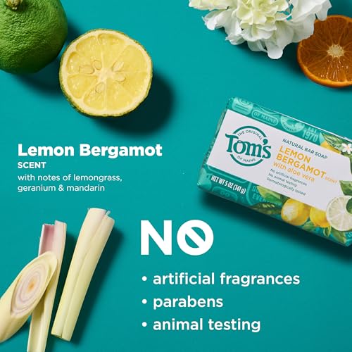 Image of Tom's of Maine Lemon Bergamot Natural Bar Soap with Aloe Vera, Dermatologically Tested, Paraben Free, Vegan, 5 oz, 4 pack