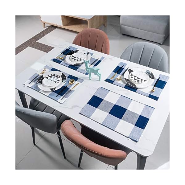 Navy blue and white buffalo plaid placemats 12 x 18 inches placemat set of 4linen checkered double layer check kitchen table matswaterproof heat resistant durable cloth place mats  urban country home decor