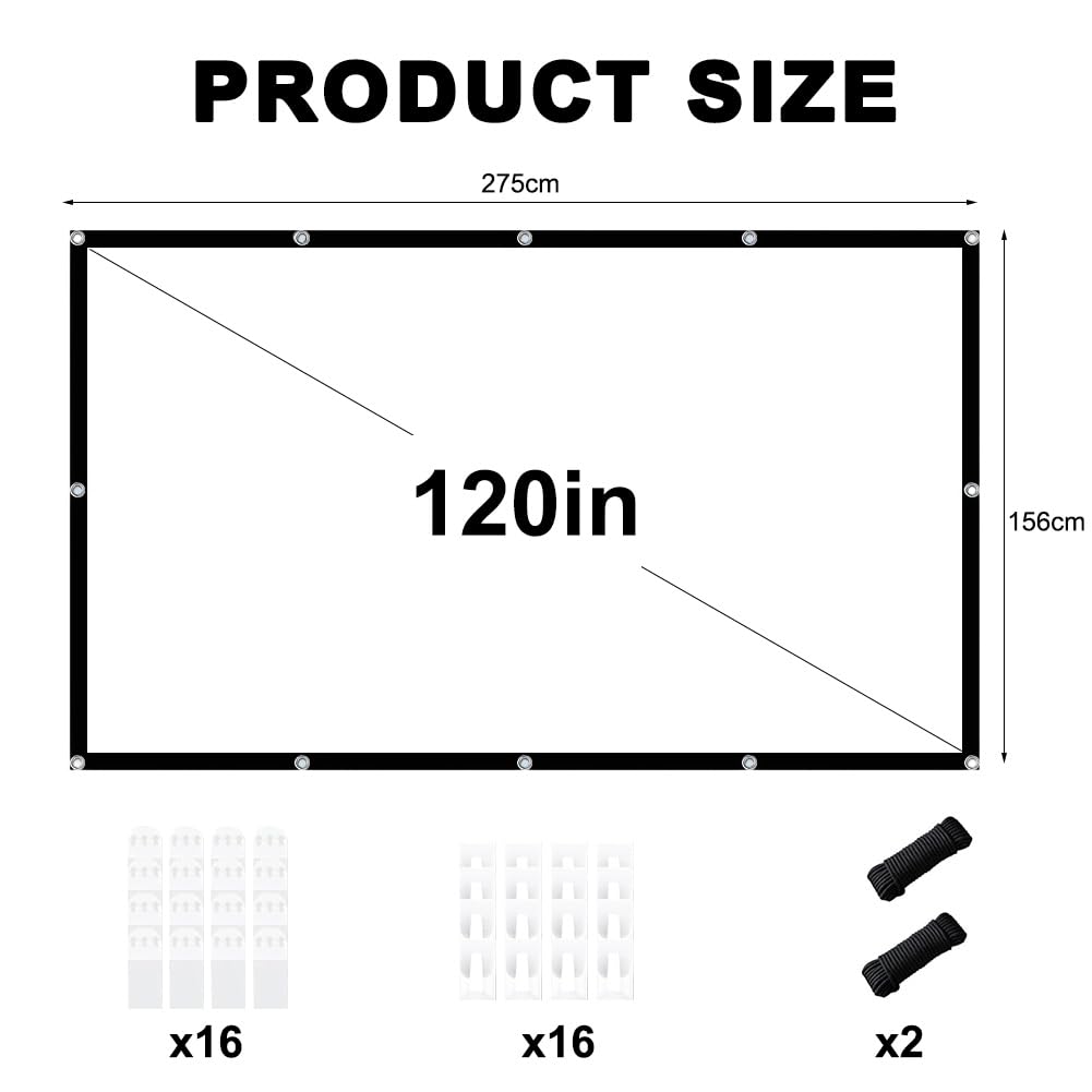 Proiettore su tela, 16:9, HD, pieghevole, per esterni, portatile, anti-pieghe, double face, 265 x 150 cm, per casa, scuola, riunioni, ufficio (120 pollici)