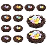 PETKNOWS Easter Artificial Bird Nest with Eggs for Crafts, 12Pcs Mixed Size Artificial Rattan Birds Nest with 26Pcs Foam Easter Eggs Small Faux Bird Nest Decor for Spring Garden Yard Home Tree Decor
