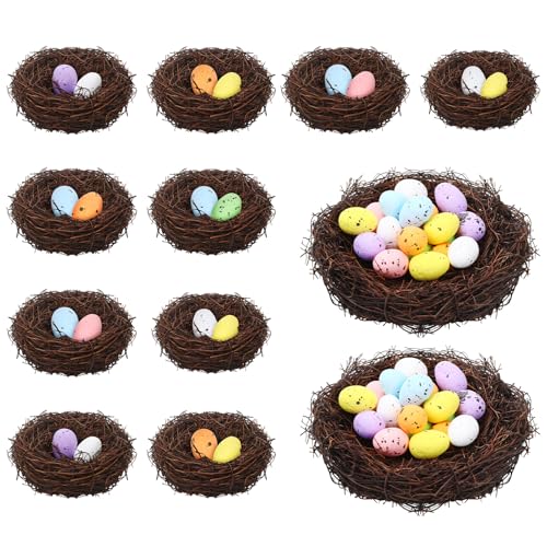 PETKNOWS Easter Artificial Bird Nest with Eggs for Crafts, 12Pcs Mixed Size Artificial Rattan Birds Nest with 26Pcs Foam Easter Eggs Small Faux Bird Nest Decor for Spring Garden Yard Home Tree Decor