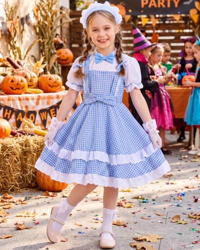 Vivrerizo Blue White Plaid Costume for Halloween Outifit Party Cosplay M | 7 Pcs Blue White Plaid Dress, Bow Hair Tie, Bow Tie, Plaid Headscarf, White Gloves and Socks for Kids Dress Up - image 5