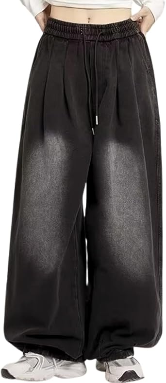 Baggy Barrel Sweatpants Jeans Women Wide Leg Cargo Drawstring Denim Pants Lounge Aesthetic Clothes