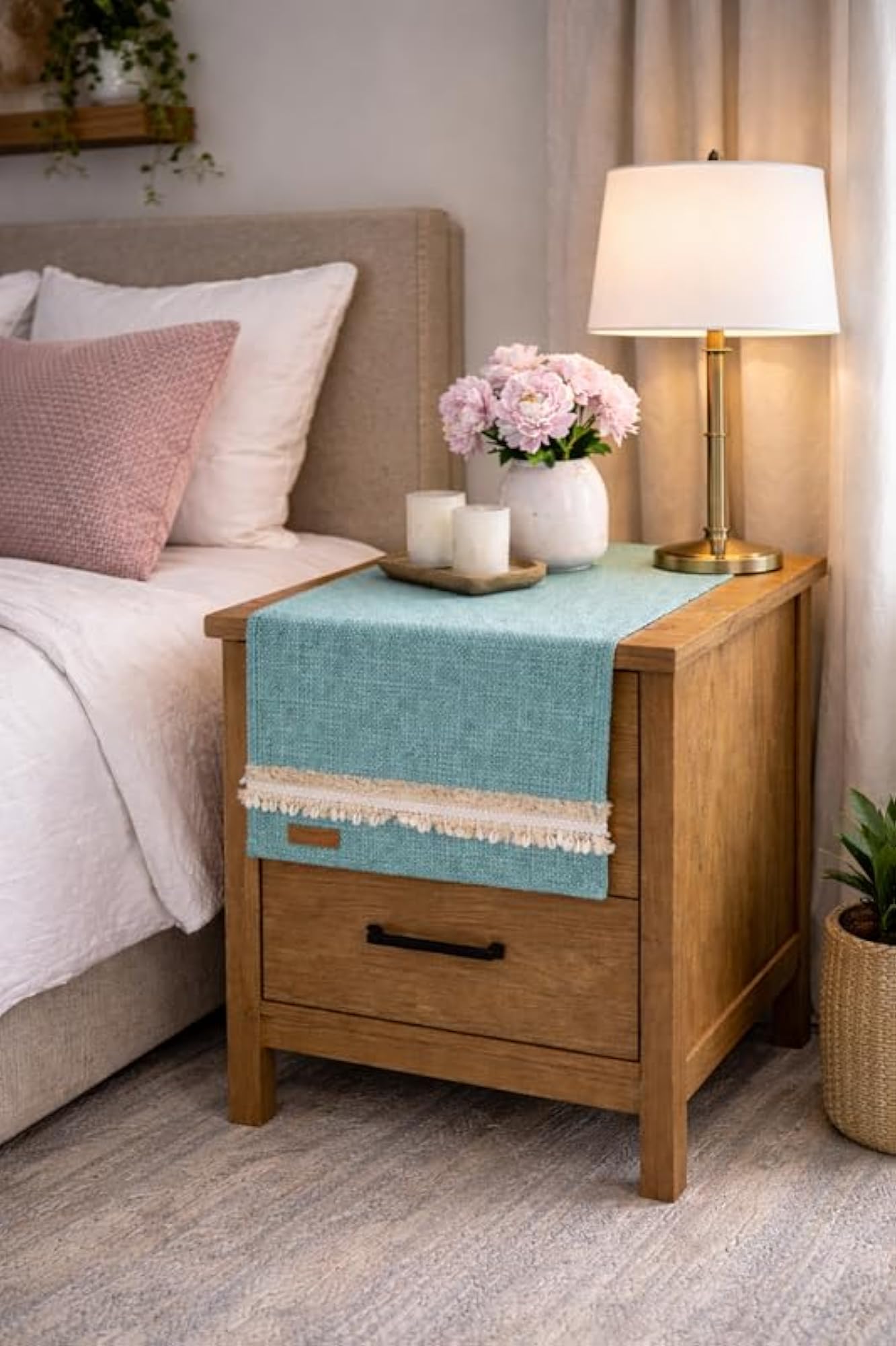 Cotton Mint Green Kowri Bedside Table Runner 14x34 Inches