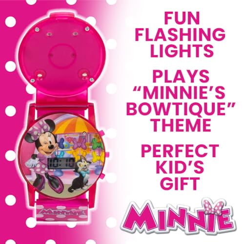 disney minnie mouse kids flashing musical watch with sound effects colorful led lights interactive flip cover easy digital time display adjustable pink polka dot strap fits wrists 5534 to 834
