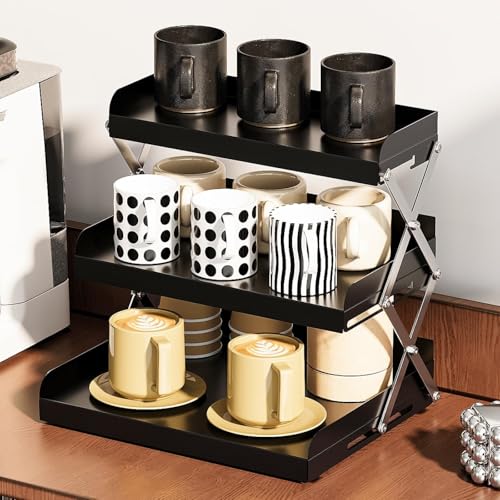SanDream 3 Tier Coffee Mug Organizer Shelf, Coffee Bar Station Accessories, Cup Holder Rack Display Stand, Counter Organizer for Kitchen Bathroom Office,Black